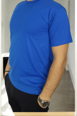 Sıfır Yaka Saks Mavi Kısa Kol Tşört