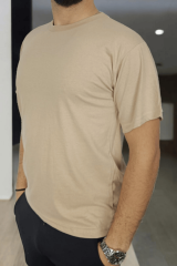 Sıfır Yaka Ekru Renk Kısa Kol Tşört